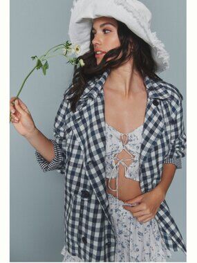 NWT Anthropologie Blue/White Gingham Cropped Trench Jacket in Women's X-Large